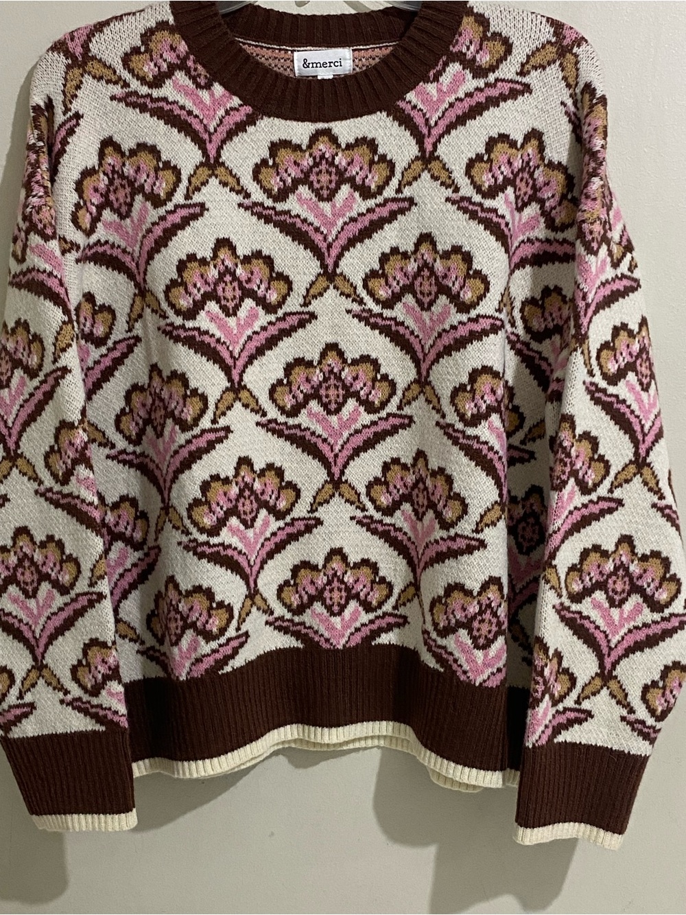 &merci Pink Brown Cream Floral Jacquard Crewneck Sweater Size L